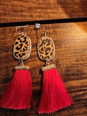 Leopard Print and Red Tassel Drop Earrings - Women Jewelry